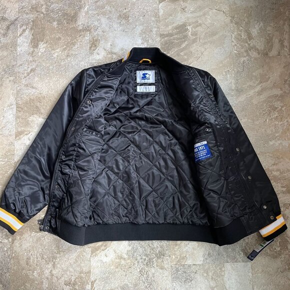Starter Bomber Jacket Mens Large Satin Coat Pittsburgh Embroidered Black - Picture 2 of 8